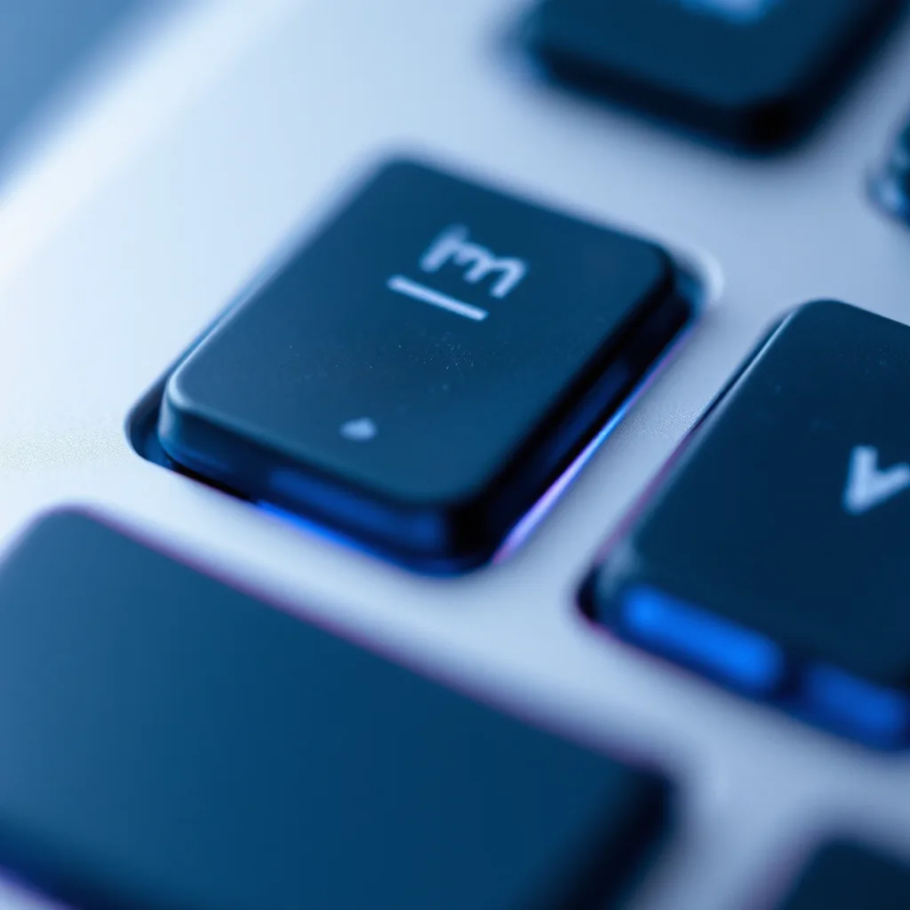 Macro view of a worn laptop keycap lit with indigo light